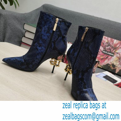 Dolce  &  Gabbana Thin Heel 10.5cm Leather Ankle Boots Snake Print Blue with Baroque DG Heel 2021